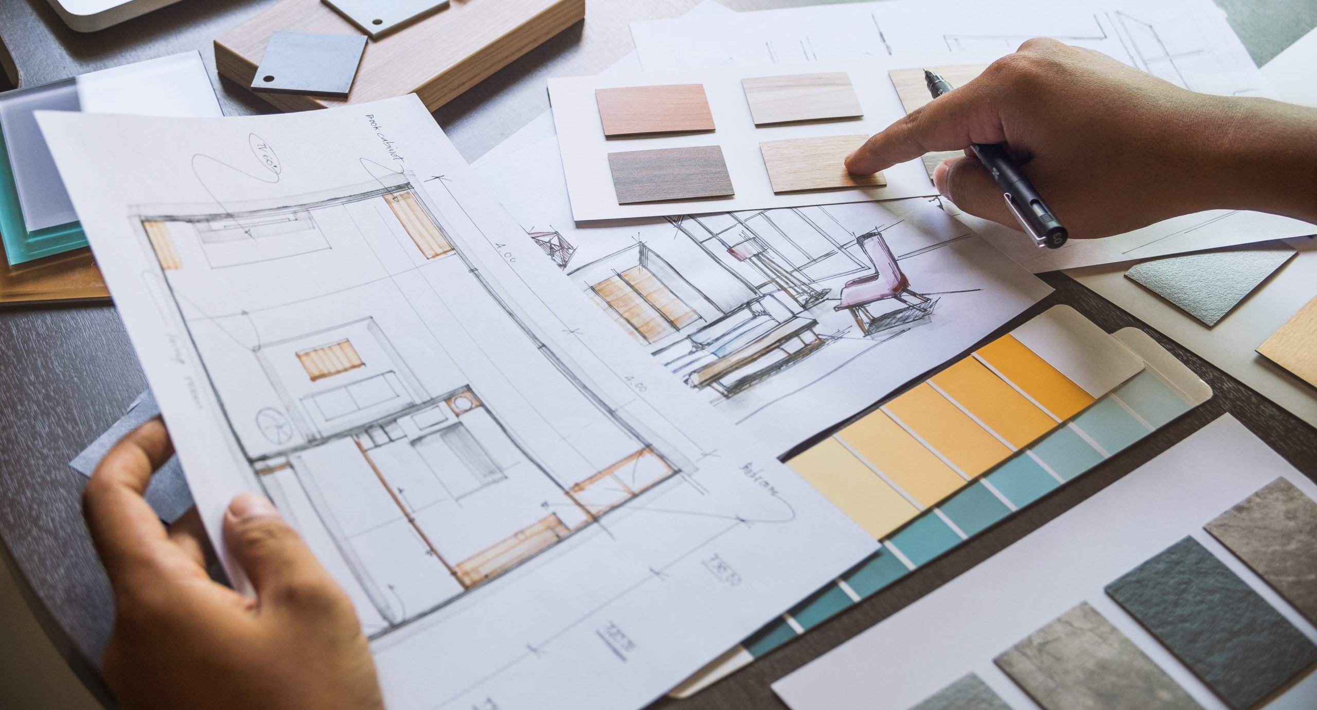 Architect,Designer,Interior,Creative,Working,Hand,Drawing,Sketch,Plan,Blue